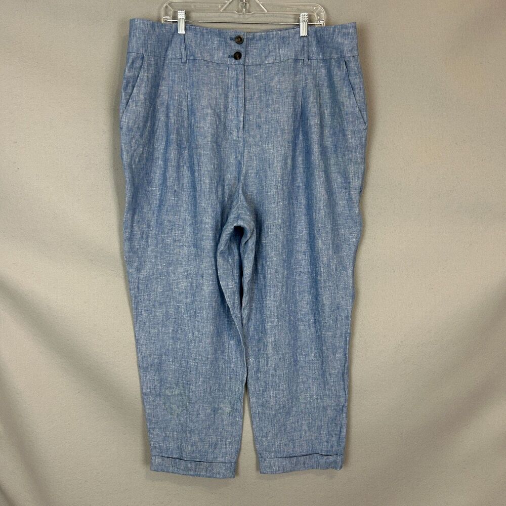 Boden 100% Linen Pants 20/22R Blue Chambray Pleated Cropped Cuffed Hem Casual